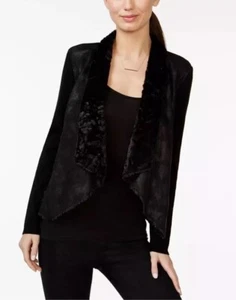 Alfani Petites Black Faux Fur Trimmed Knitted Drape Open Cardigan Women Sz PM - Picture 1 of 14