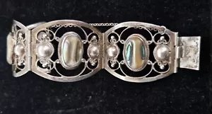 VINTAGE HECHO FAR FAN MÉXICO 925 SILVER & ABALONE OPEN CUT HINGED PANEL BRACELET - Picture 1 of 10