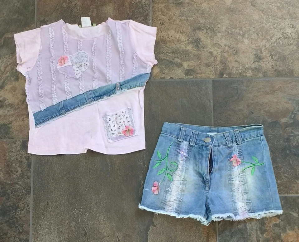 Shorts jeans Little Mass top meninas tamanho 5 rosa roxo patchwork floral - Imagem 1 de 1