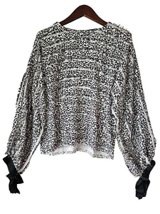 CHANEL Women's Fringe Trim Black White Camellia CC Logo Silk Blouse Size 42 TP01 - Picture 1 of 13