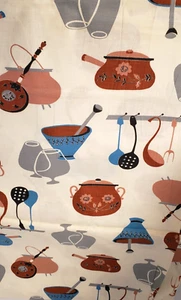 VTG Kitchen Fabric 8.5 Yds Brandy Snifter Pots Pans Mortar Pestle Spoons Ladle - Picture 1 of 4