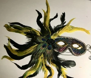 New Feather Mardi Gras Halloween Mask. Yellow & Black - Picture 1 of 5