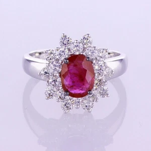 18Kt White Gold 1.25Ct Ruby & 1.05ctw Round Cut Diamond F-G SI1 Ring - Picture 1 of 5