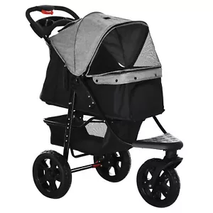 More details for pawhut folding 3 wheel pet stroller travel adjustable canopy storage brake grey
