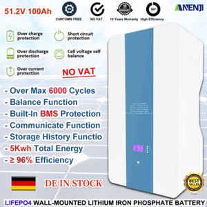 5Kwh 51.2V 100A LiFePO4 Li-ion Battery EVE Wall-mount BMS Solar Storage Recharge - Picture 1 of 6