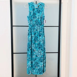 Taylor Pleated Dress Womens sz 8 Blue Floral Print Sleeveless Anthropologie NWT - Picture 1 of 9