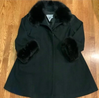 Abrigo Vintage Marvin Richards Lana Cordero Negro Talla 10 Imitación Piel Cuello y Puños Foto 1 de 4