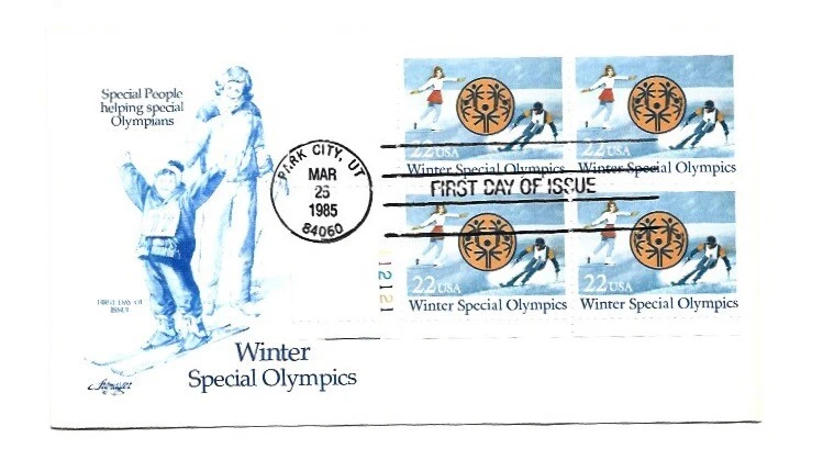 2142 Winter Special Olympics 1985 Artmaster plate block, FDC - Image 1 of 1
