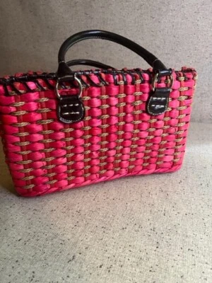 Vintage Liz Claiborne Woven Braided Corn Husk and Paper Pink Handbag - Image 1 of 4