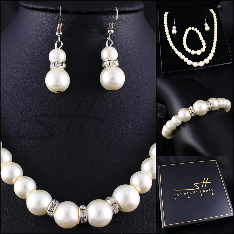 Perlen-Set Halskette Armband Ohrstecker, Silber im Etui, Geschenk Weihnachten - Bild 1 von 4