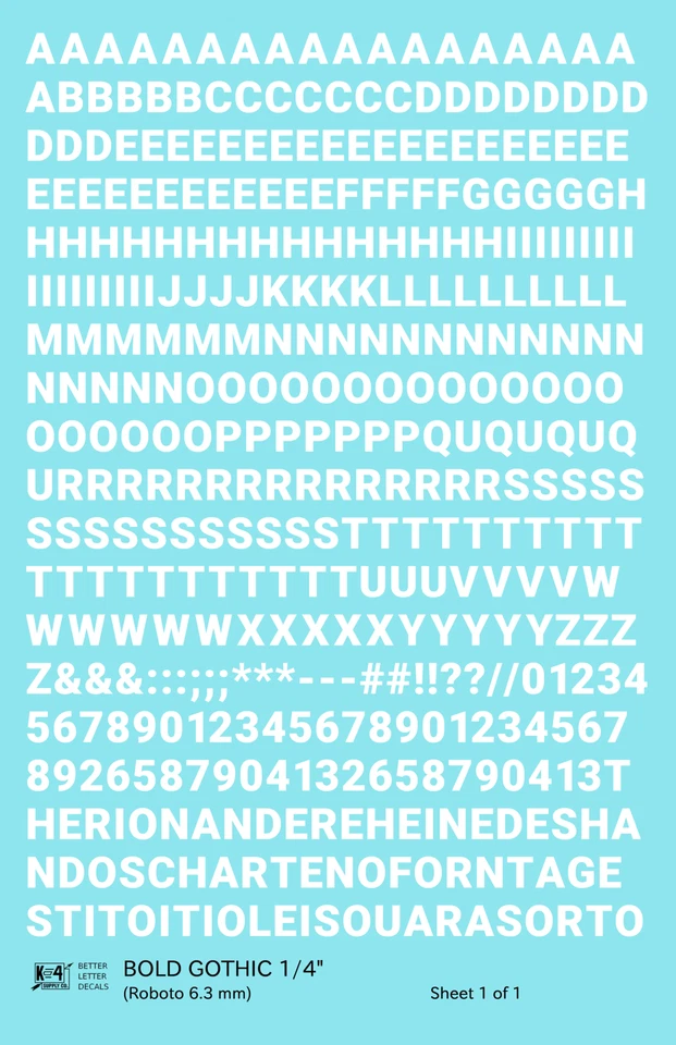 K4 O Scale Water Slide Decals White 1/4 Inch Bold Gothic Letter Number Alphabet - Image 1 of 1