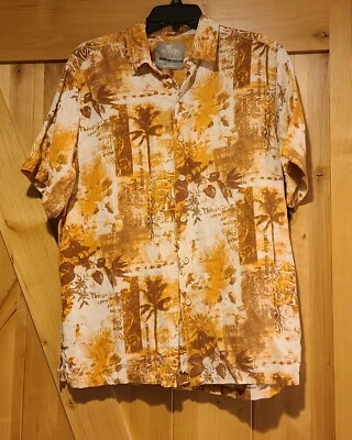 Camisa masculina Margaritaville M laranja bronzeada floral seda havaiana linho botão para cima - Imagem 1 de 4