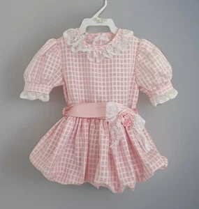 Vintage NURSEY RHYME Girl Dress 2T Pink Short Sleeve Lace Satin Tie Rosette - Picture 1 of 8