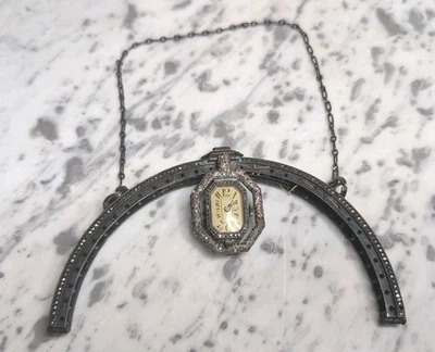 Vintage Art Nouveau Silver Tone Square Folding Purse Frame With Watch  - Image 1 of 4