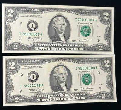 (2) (UNC) 2003-$2 Consecutive numbered Minneapolis Federal Reserve Notes-A123 - Image 1 of 2