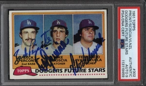 1981 Topps #302 VALENZUELA SCIOSCIA PERCONTE ROOKIE Dodgers Signed 3 Autos PSA 9 - Picture 1 of 2