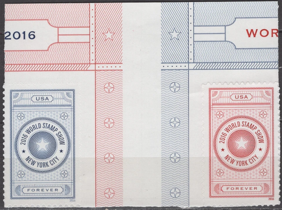 SC# 5062-63 - Forever - 2016 World Stamp Show: Red & Blue Vignette - Gutter Pair - Image 1 of 1