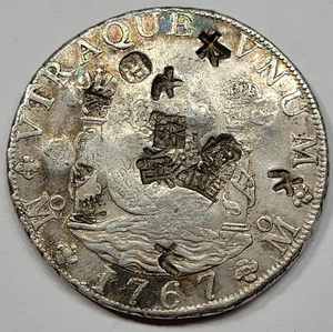1767 Mo Silver 8 Reales Pillar Dollar Mexico Chopmarks Genuine Nice *K979 - Picture 1 of 3