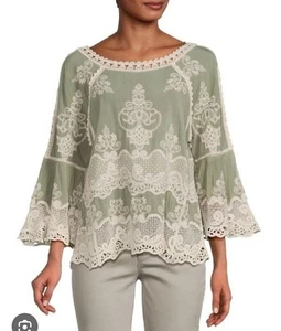 Democracy Raglan Sleeve Lace Top Green Size L Boho Cottage Core - Picture 1 of 7