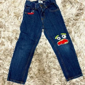 Epic Threads Boys Denim Jeans SZ 5 Slim Straight Leg Dark Blue Funny Face Motif - Picture 1 of 4