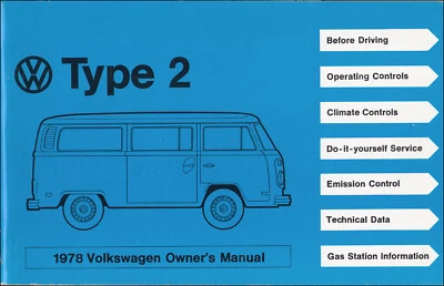 1978 Volkswagen Bus Owners Manual NOS VW Transporter Type 2 Van Owner Guide Book