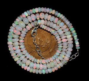 Collana perle argento 925 16" opale di fuoco naturale etiope pietre preziose F3615 - Foto 1 di 5