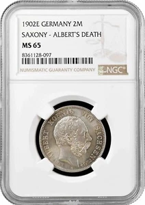 Saxony 2 mark 1902 E, NGC MS65, "Death of Albert of Saxony" silver coin - Picture 1 of 2