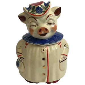 Original Shawnee Smiley Winnie Pig Cookie Jar Blue Collar GOLD TRIM Red Accents - Picture 1 of 24