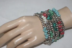 Uno De 50 Silver, Artisan & Leather Beaded Double Toggle Wide Bracelet Sz M NWOT - Picture 1 of 9