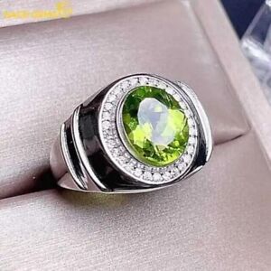 3 Carat Lab Created Green Peridot Men's Engagement Ring White Gold Plated Silver