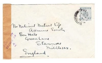 Malaya NEGRI SEMBILAN-SG#29(single frank)-SEREMBAN 8/JY/41-WWII CENSOR - Image 1 of 2