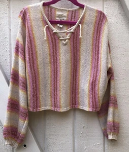 New Billabong Girls Small V-neck Pink Stripped Knit Pullover Sweater  Poncho P7 - Picture 1 of 7