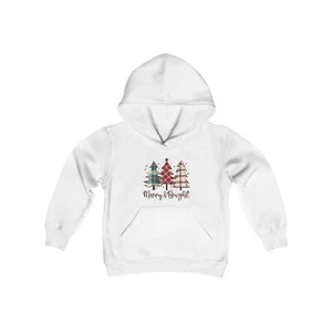 Merry And Bright Christmas Plaid Youth Heavy Blend Hooded Sweatshirt - Picture 1 of 7