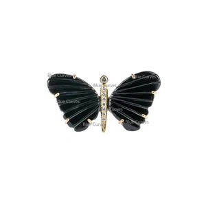 Einzigartiger geschnitzter schwarzer Onyx Schmetterling Diamant Ring in 14k Gelbgold feiner Schmuck - Bild 1 von 2