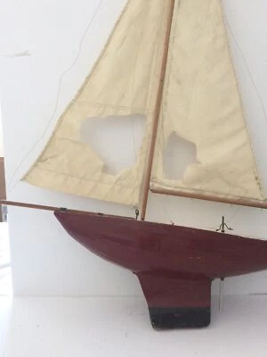 Lg. 44” Tall Vintage P.U.F.F.I.N. Red Cream Wooden Pond Yacht Sail Boat English - Image 1 of 4