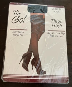 On The Go! Thigh High Lace Top Medium Silky Sheer Leg Sheer Toe Stockings Black - Picture 1 of 3