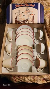 Vintage Laurel Glass French Ivory Red Trim McKee Child's Hostess Tea Set In Box! - Picture 1 of 24
