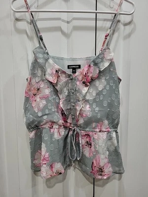 Camiseta sin mangas Express floral Babydoll transparente con volantes botones cintura ceñida coqueta de hadas Foto 1 de 4