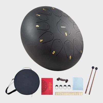VIXX Steel Tongue Drum Black With Bag Mallets 12 Inch