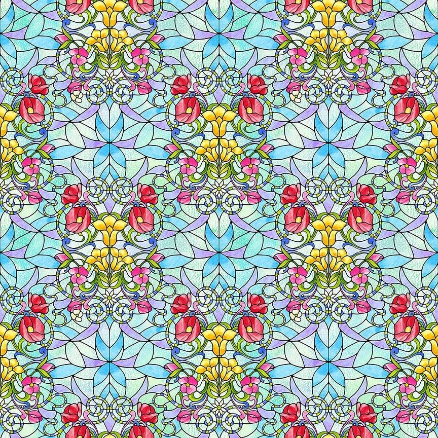 Tela religiosa | Fantasía vitral de vidrio geo flor rojo azul | PATIO en blanco Foto 1 de 1