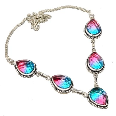 Natural Tourmaline Gemstone Chain Necklace 925 Sterling Silver Indian - Image 1 of 4