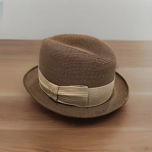 Brown Stetson Threaded Straw Hat with Grey and Brown Band -- Size 6 7/8 - Picture 1 of 6