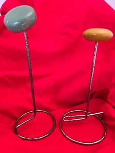 VTG 2 WOODEN HAT STANDS 10” Green, 9” Gold Sturdy on Metal Stands Original Paint - Picture 1 of 5