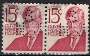 Perfins USA 1965, Sc1288 2x 15c Oliver Wendel Holmes. Used SMJ - Picture 1 of 3