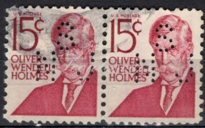 Perfins USA 1965, Sc1288 2x 15c Oliver Wendel Holmes. Used SMJ - Image 1 of 3