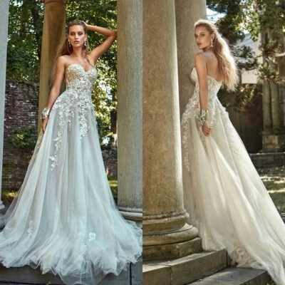 Elegant A-Line Wedding Dresses Off Shoulder Lace 3D Flowers Beach Bridal Gowns - Image 1 of 4