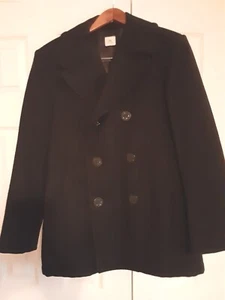 VTG U.S. NAVY BLACK WOOL DOUBLE BREASTED 4 BUTTON PEA COAT  40 S. (VERY NICE) - Picture 1 of 22