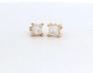 14k Yellow Gold 0.80ctw Princess Cut Natural Diamond Stud Earrings - Picture 1 of 8