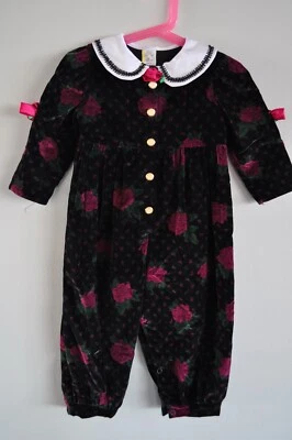 Vintage 1980’s Romper Girls size 2T Black Floral with White Collar - Image 1 of 4