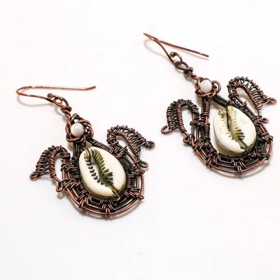 Pendientes Cowrie Shell piedras preciosas cobre envoltura de alambre artesanal regalo joyería 2,7" Foto 1 de 4